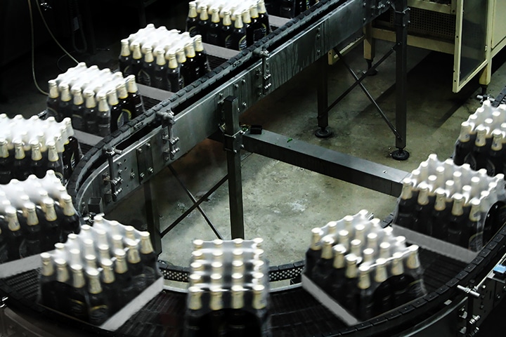 Packings of beer on a tape of the conveyor to undergo quality control check