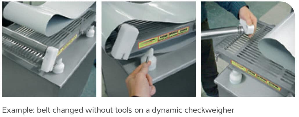 Belt changed without tools illustration showing a belt changed without tools on a dynamic checkweigher as part of hygienic scale design
