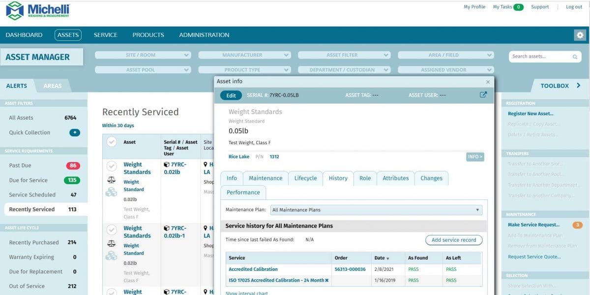 Asset-Info---History Screenshot from TRAC Asset Management system of an asset's calibration history