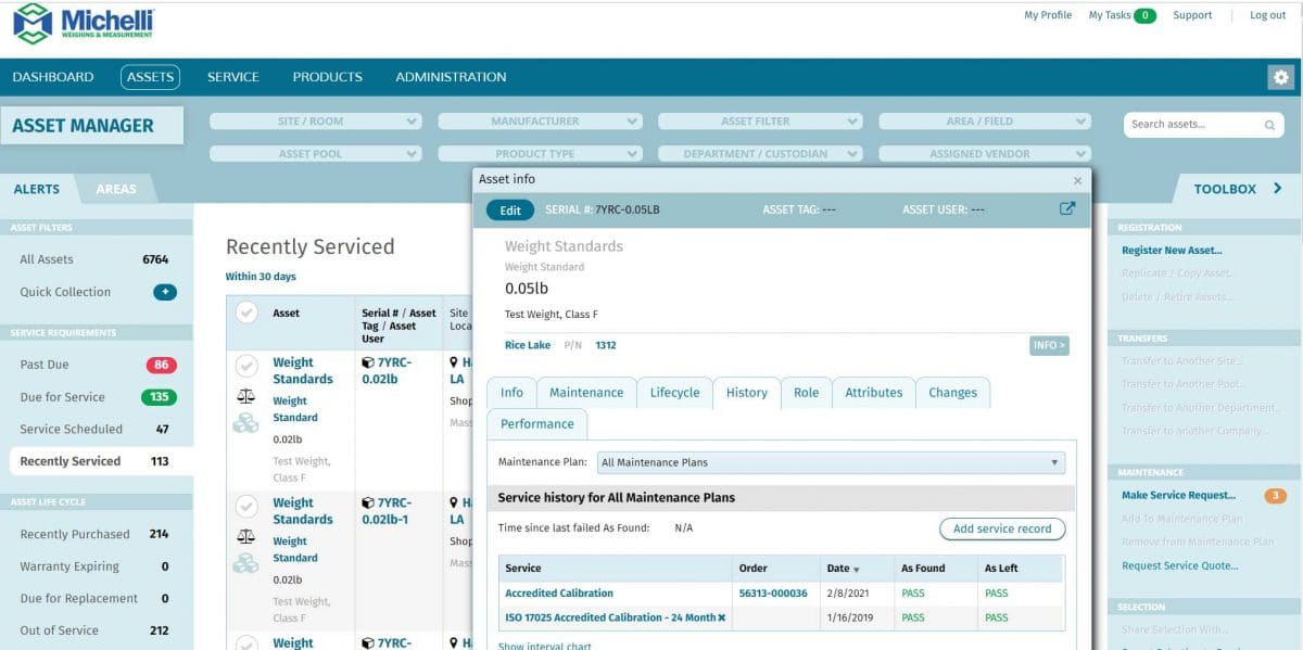 Screenshot from TRAC Asset Management system of an asset's calibration history