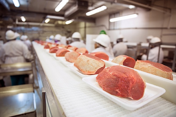 raw meat on conveyor to undergo quality control testing on automated rejection weighing system