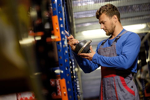 Worker grabs spare part from shelf in warehouse