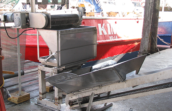 Dockmate bulk weigher system with large packaging bin on second conveyor Dockmate bulk weigher system with large packaging bin on second conveyor