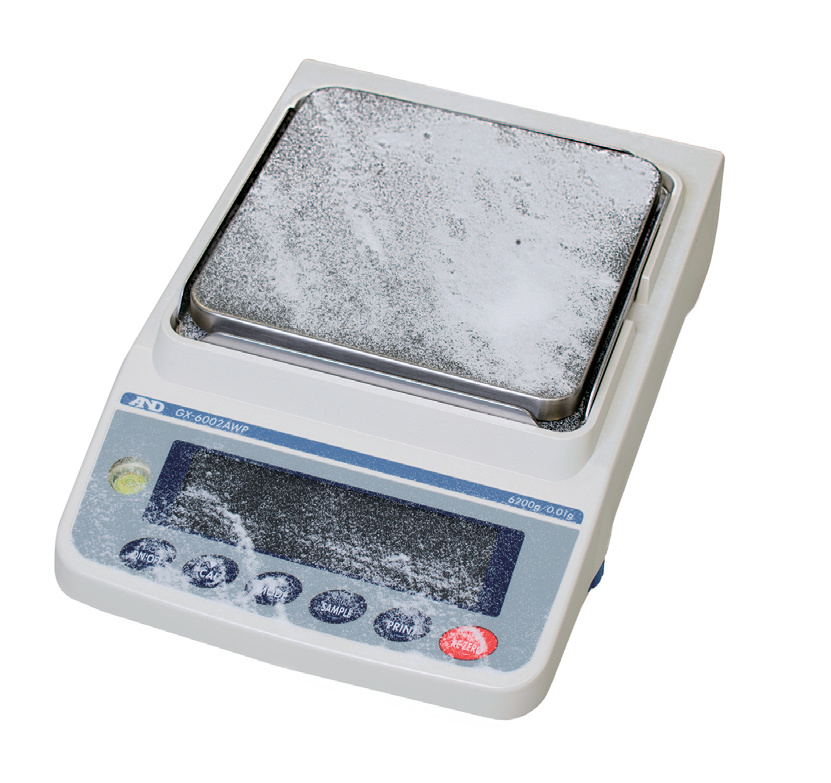 A&D Apollo IP65 Balance shown with sodium hydroxide on pan