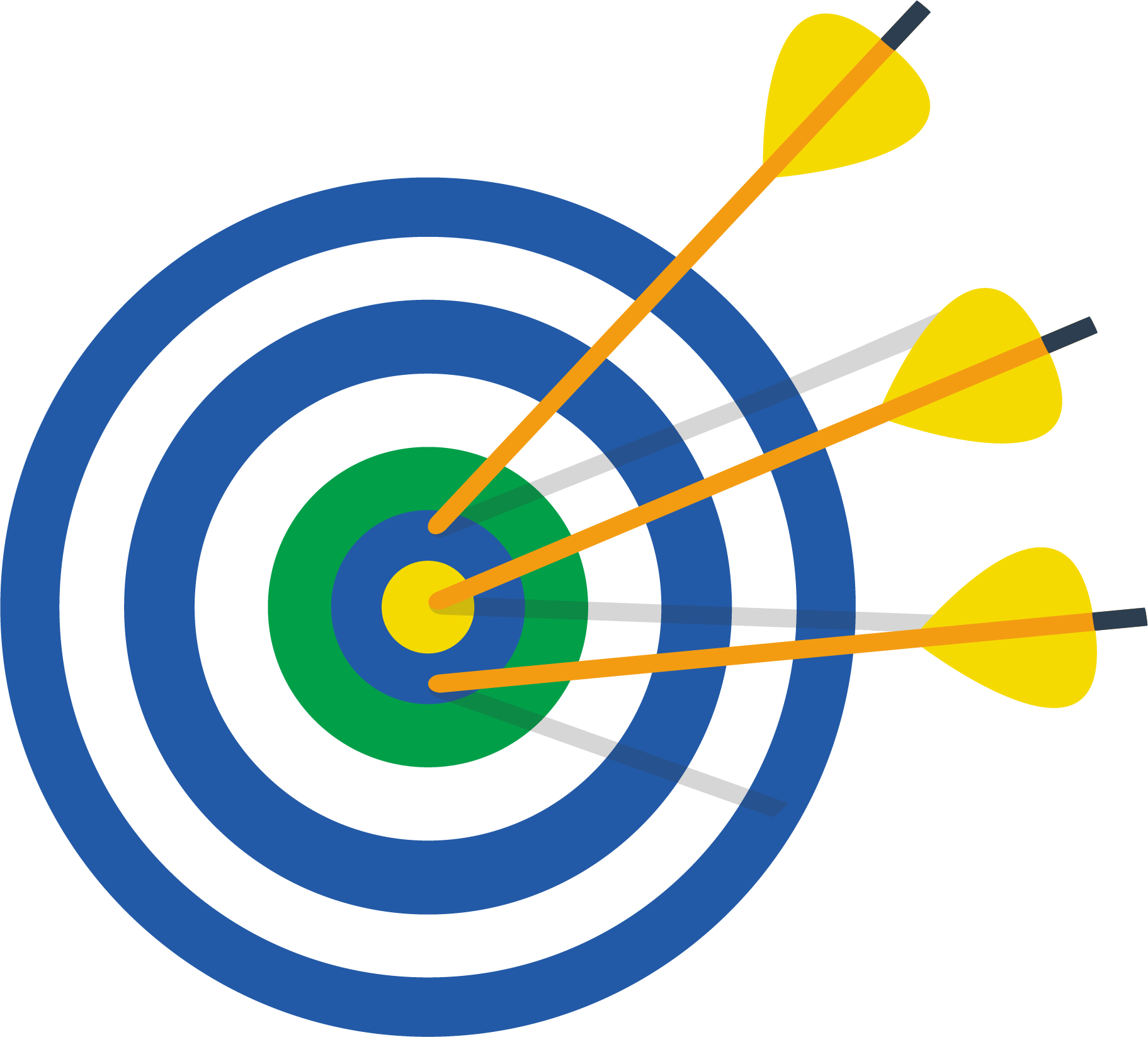 A target is used to illustrate high accuracy by showing 3 arrows with yellow flags that are very close to the bullseye on the blue, white and green target.