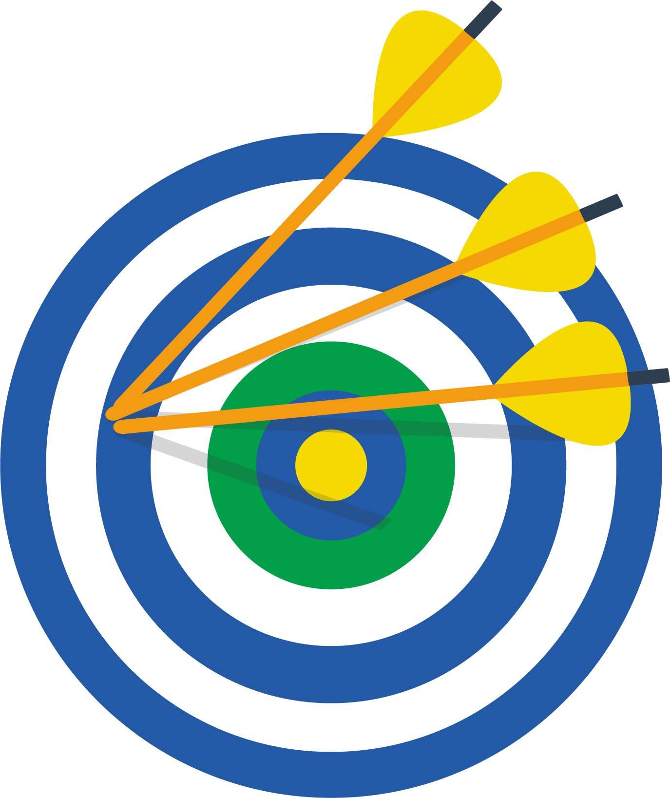 A target is used to illustrate high precision by showing 3 arrows with yellow flags that are very far from the bullseye on the blue, white and green target, but have consistently landed in the same spot.