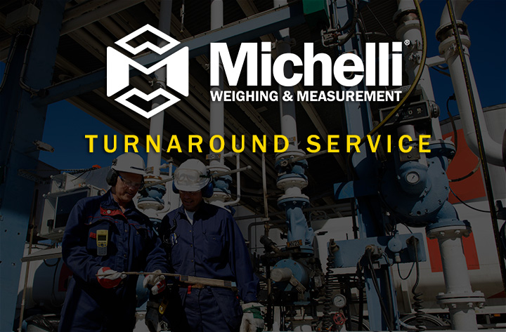 Michelli Turnaround Service text overlay with an image of an industrial plant in the background and 2 workers examining a piece of equipment