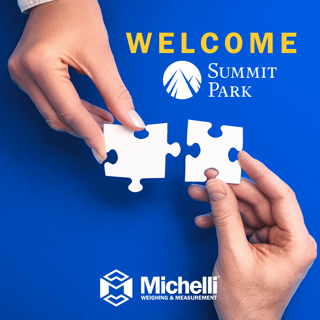 Two hands join puzzle pieces on a blue background to indicate the partnership between Michelli Weighing & Measurement and Summit Park