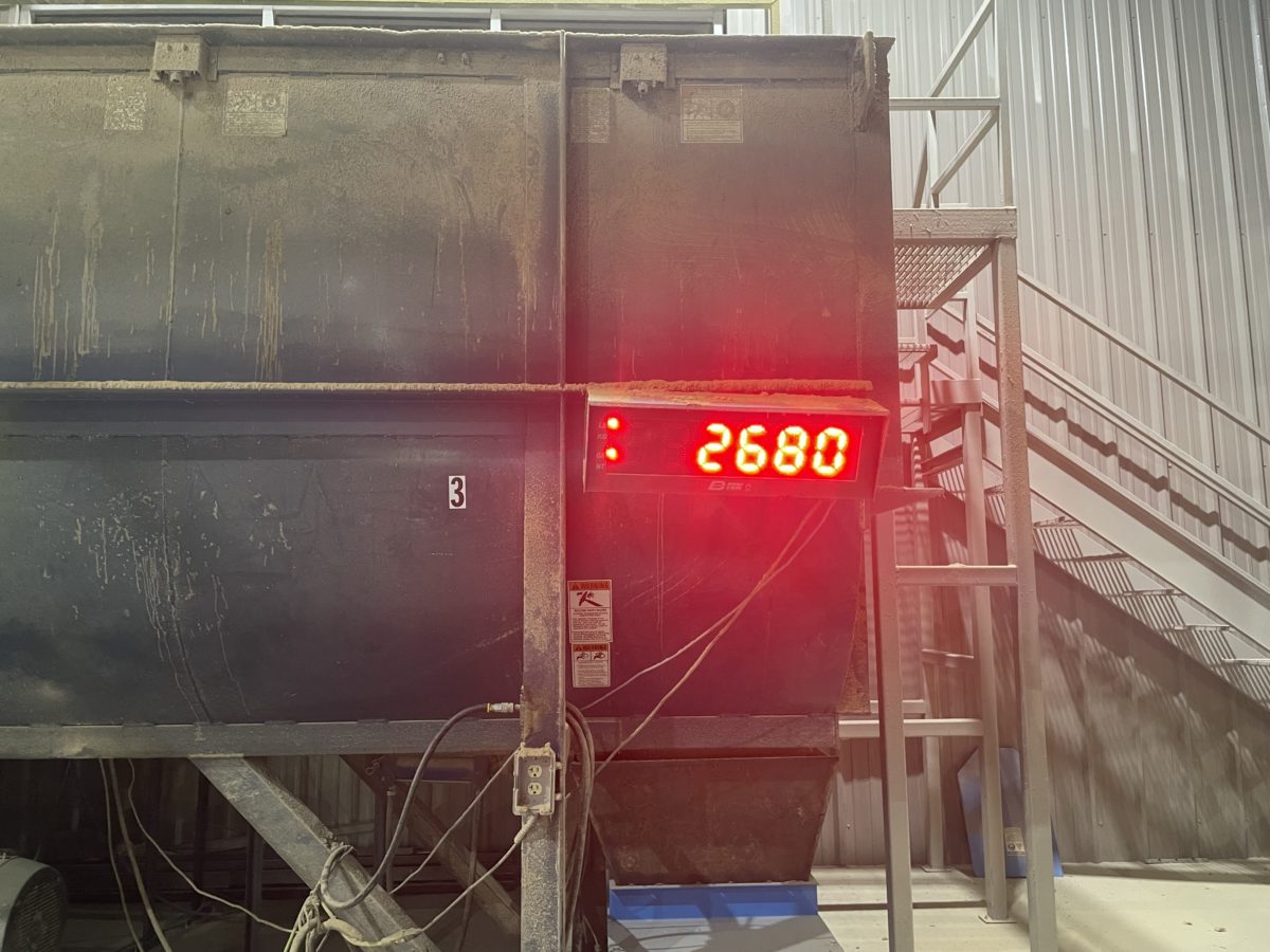 Another hopper scale at the J&J Bagging facility with an LED screen attached to display weight information used in batching fertilizer