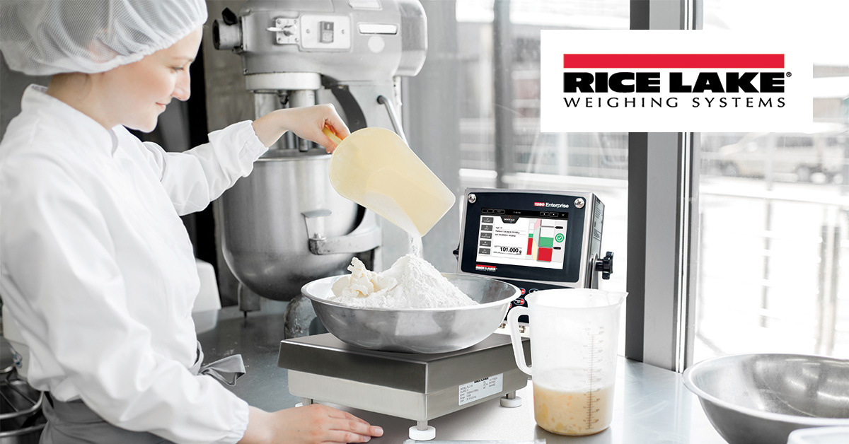 A woman utilizes the Rice Lake Myrias Production Management Software to measure flour on a scale