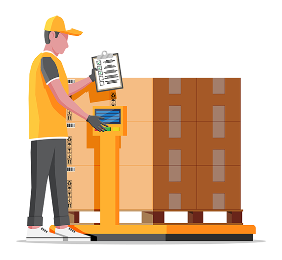 A vector illustration shows a worker with a clipboard using a digital floor scale to weigh a pallet containing boxes.
