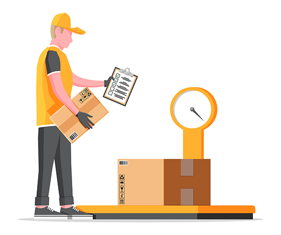A vector illustration shows a worker with a clipboard and box using a mechanical floor scale to weigh another box