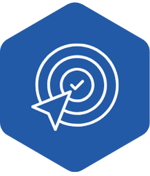 Blue accuracy icon depicting target with arrow and checkmark in the center