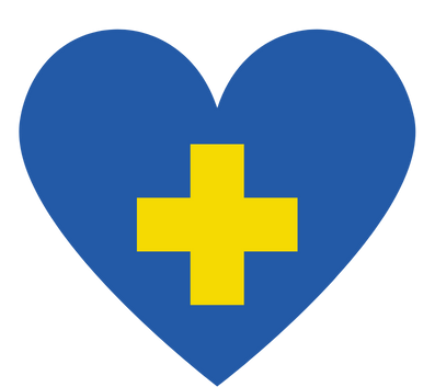 Blue heart with yellow cross inside illustrating a Michelli Philosophy Pillar: Care