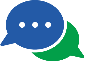 Green and blue conversation bubbles intertwined to illustrate the Michelli Philosophy Pillar: Respond