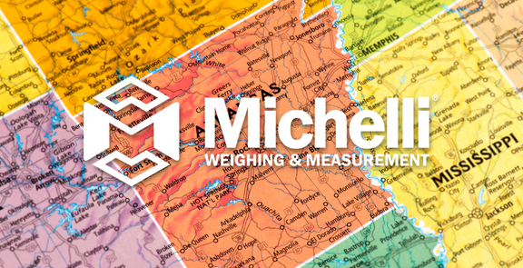 Colorful map of Arkansas and surrounding states with a Michelli Weighing & Measurement overlay