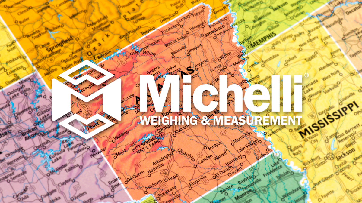 Colorful map of Arkansas and surrounding states with a Michelli Weighing & Measurement overlay