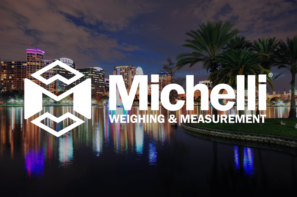 View of Orlando, Florida skyline from Lake Eola with a Michelli Weighing & Measurement overlay