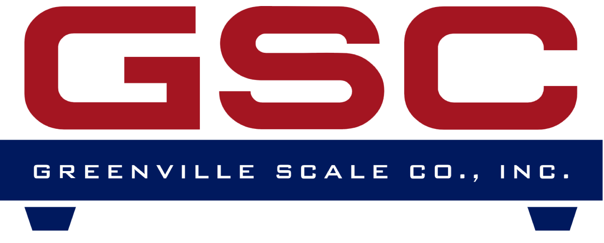Greenville Scale Company Logo, including the letters GSC in red atop a blue floor scale illustration, inside of which the words Greenville Scale co., INC. appear.