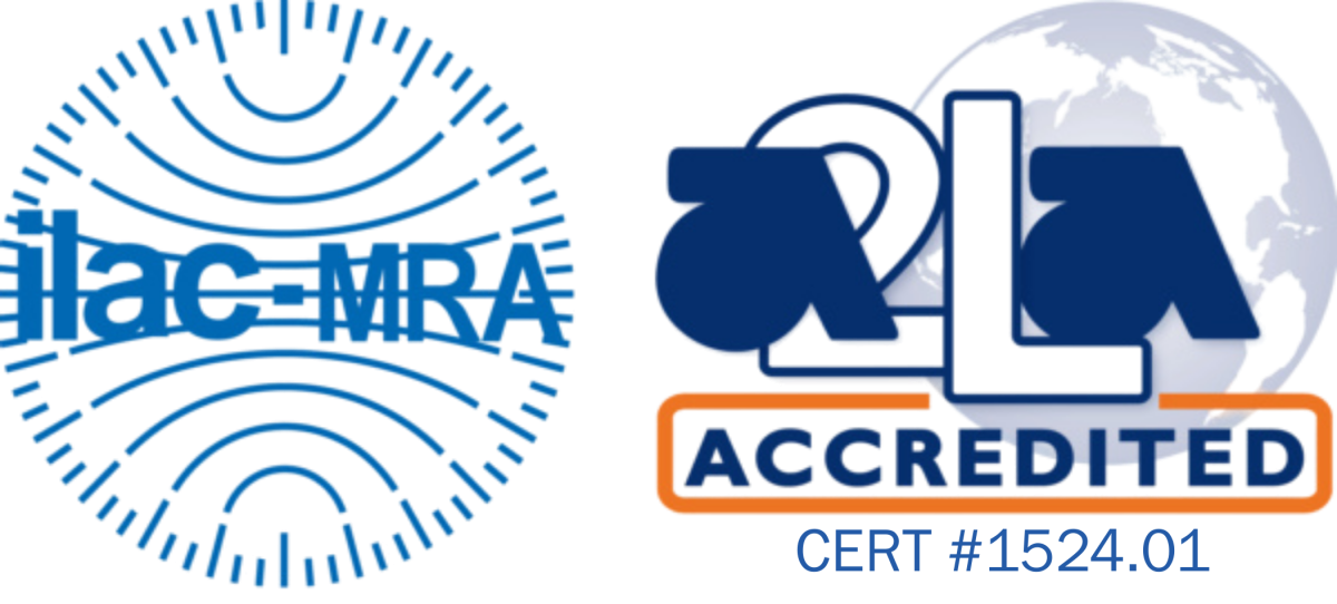 ILAC MRA mark and A2LA Accredited logo with certificate number 1524.01 representing ISO/IEC 17025 laboratory accreditation.