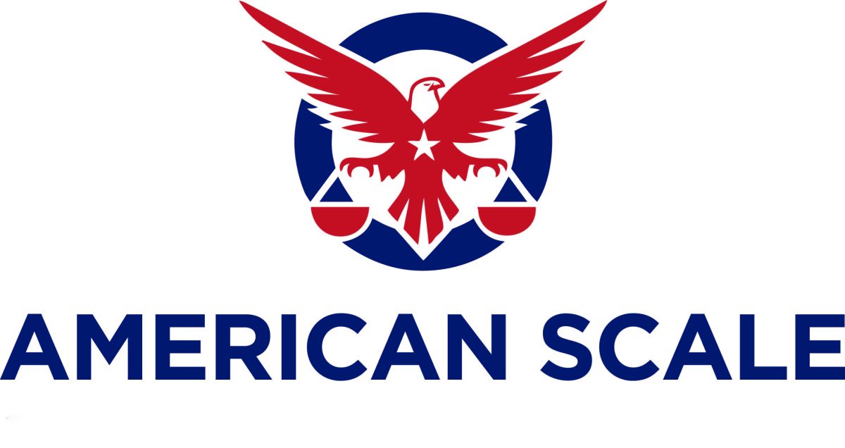 American Scale Logo featuring a red eagle holding a balance in front of a blue circle, atop the words American Scale in navy blue.
