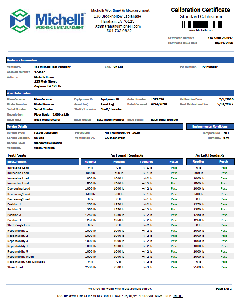 Michelli Standard Calibration Certificate Example Michelli Standard Calibration Certificate Example